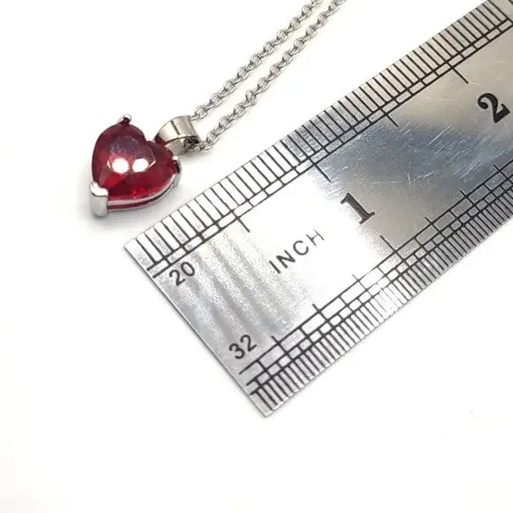 925 Sterling Silver Necklace Red Lab Ruby Heart Pendant Valentines Birthday Gift